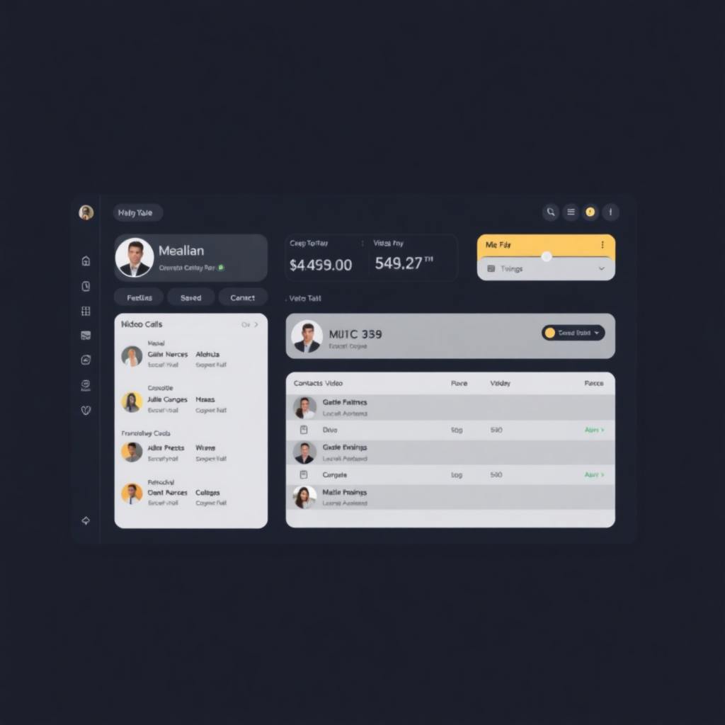 elegant professional video call interface dashboard with dark theme and gold accents