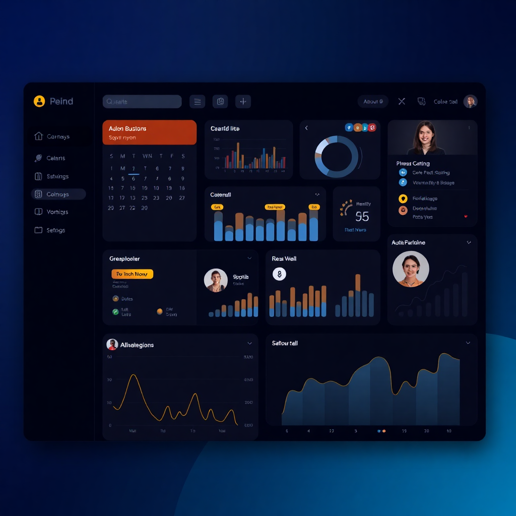 premium business dashboard interface with calendar and video call features dark theme gold accents